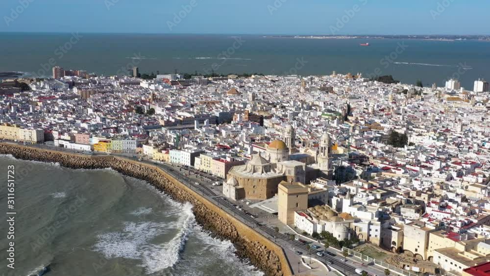 Beautiful aerial view of Cadiz sunny day cathedral and old old neighbourhoods Spain Beautiful aerial view of Cadiz sunny day cathedral and old old neighbourhoods Spain