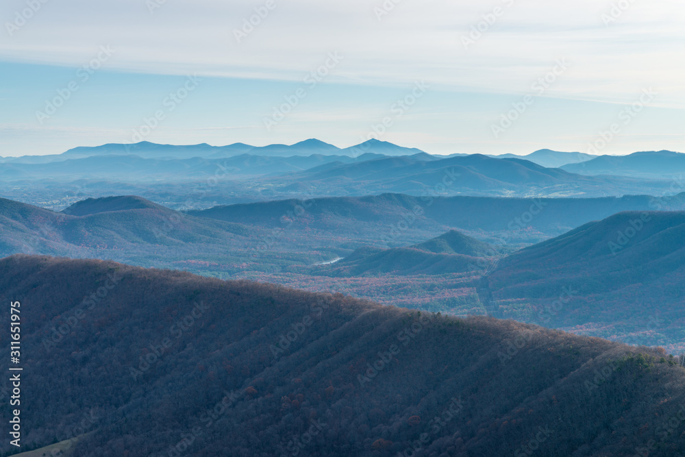 Telephoto view of the mountain ranges in Appalachian mountains