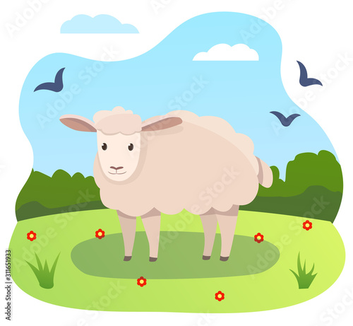 Vector illustrations of sheep in cartoon style with the nature background with forest, sky, birds and flowers.