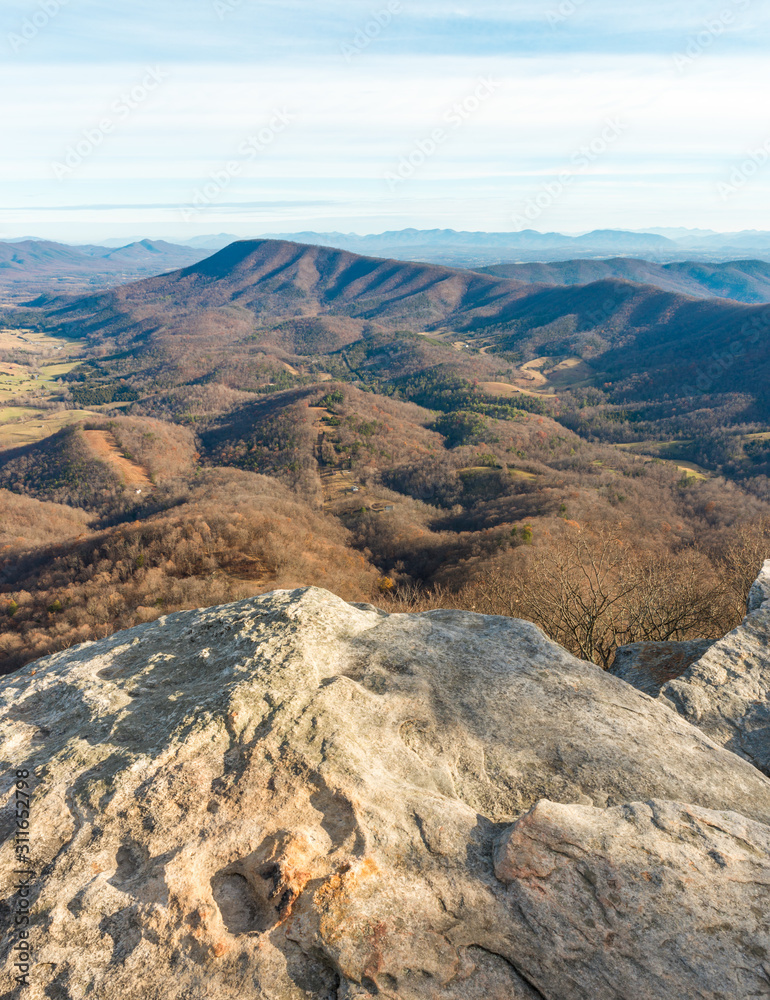 Ledge point and view from McAfee Knob in Blue Ridge Mountains,