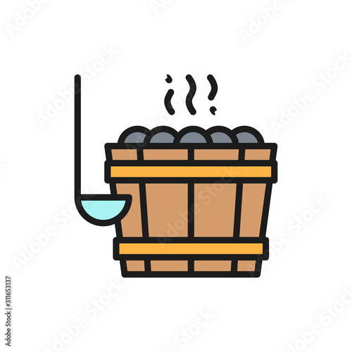 Sauna bucket, bucket with stones for bathhouse flat color line icon.