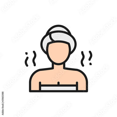 Girl in the sauna, bathhouse flat color line icon.