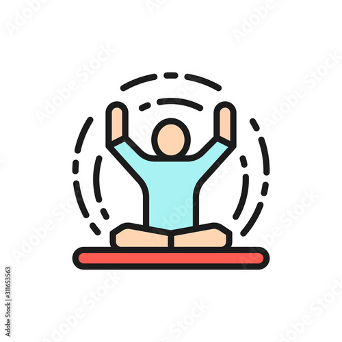 Vector meditation, yoga, lotus position flat color line icon.