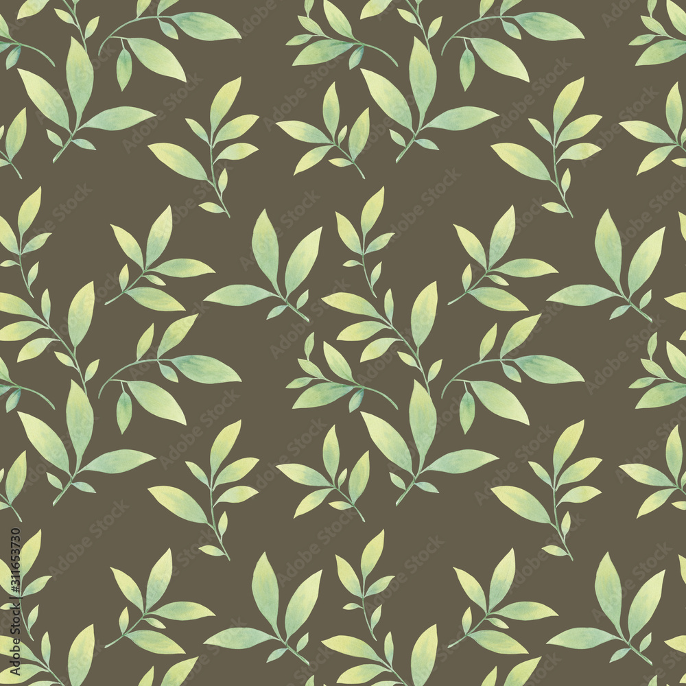 Hand painted green leaves on background design. Seamless watercolor pattern of leaves on a brown background.