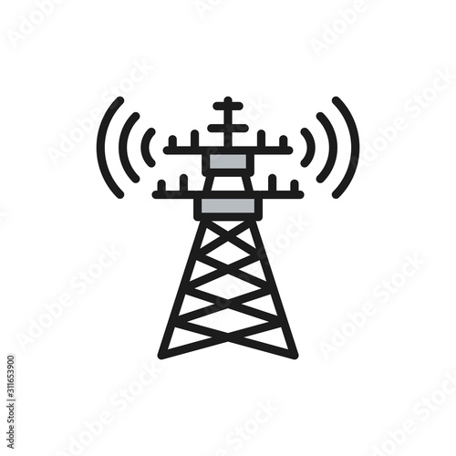 5G internet tower, telecommunications tower, satellite antenna color line icon.