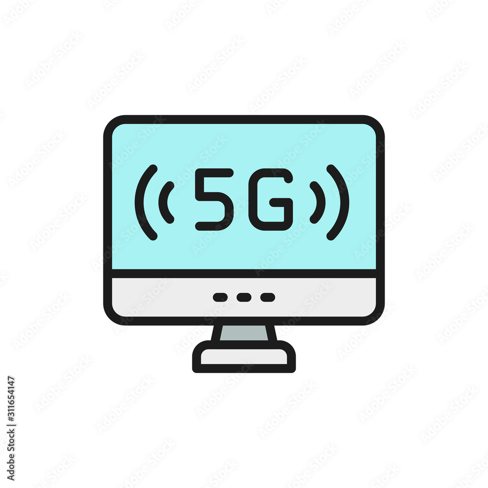 Personal computer with 5G internet flat color line icon. Personal computer with 5G internet flat color line icon.