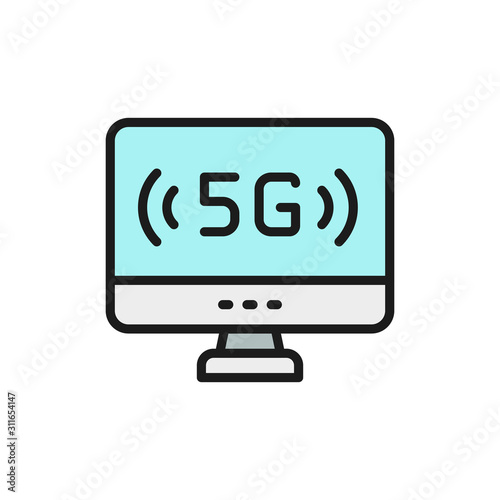 Personal computer with 5G internet flat color line icon.
