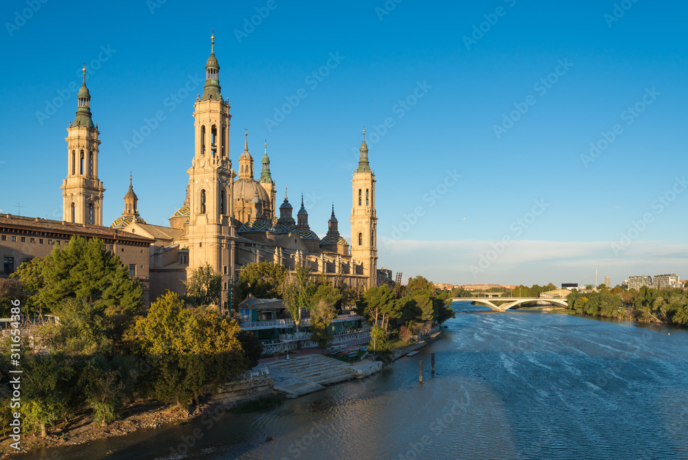 The ancient church Basilica del Pillar near the river Ebro in the Spanish city Zaragoza