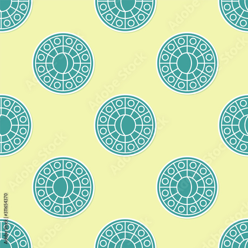 Green Astrology horoscope circle with zodiac icon isolated seamless pattern on yellow background. Vector Illustration