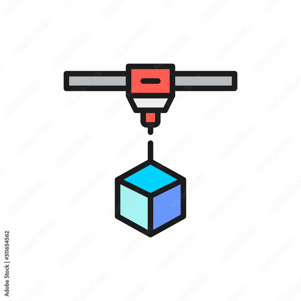 3d printing a cube, industrial printer, industrial laser flat color line icon. 3d printing a cube, industrial printer, industrial laser flat color line icon.