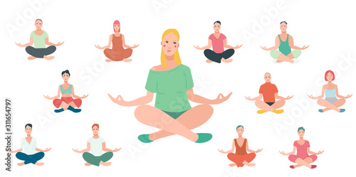 Young people performing yoga exercise. Female and male cartoon characters sitting in lotus posture and meditating vipassana 