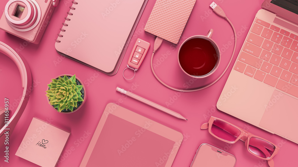 Pink office desk table with blank notebook. - obrazy, fototapety, plakaty 
