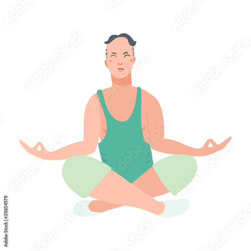 Young handsome men performing yoga exercise. Male cartoon character sitting in lotus posture and meditating vipassana