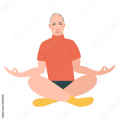 Young pretty men performing yoga exercise. Male cartoon character sitting in lotus posture and meditating vipassana