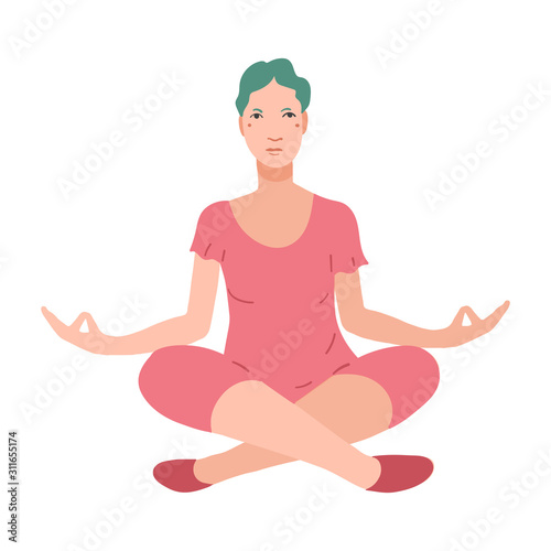 Young pretty woman performing yoga exercise. Female cartoon character sitting in lotus posture and meditating vipassana