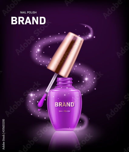 Realistic nail polish bottle with golden lid on black background. Cosmetic brand advertising concept design
