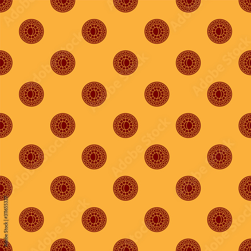 Red Astrology horoscope circle with zodiac icon isolated seamless pattern on brown background. Vector Illustration