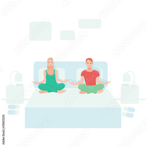 Young couple sitting in their bedroom and performing yoga exercise. Female and male cartoon character sitting in lotus posture