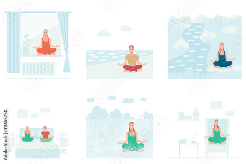 Set of woman and men performing yoga exercises different places. Female and male cartoon characters sitting in lotus posture