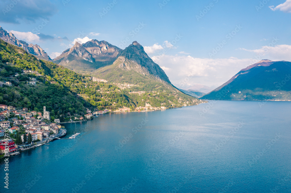 Panoramic, high-angle view of Lake Lugano, Italy