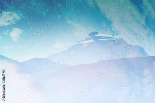 Beautiful winter landscape with clouds. Light blue Sky background