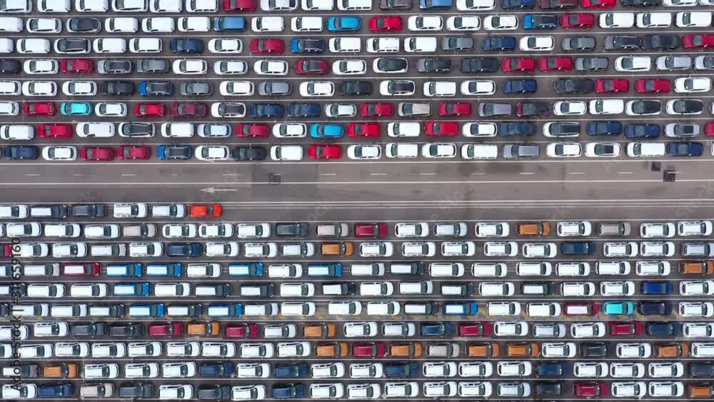 cars parked by hundreds aerial top view Malaga harbour Spain cars parked by hundreds aerial top view Malaga harbour Spain