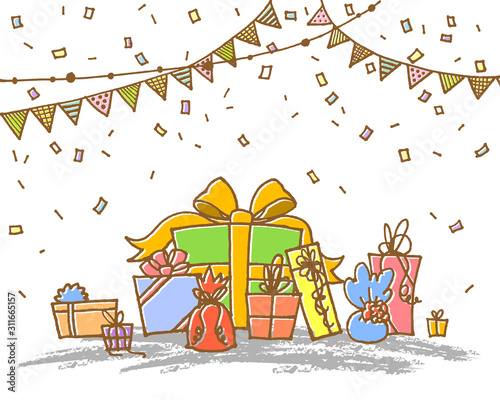 Party background. Gift box, party flag, and confetti
