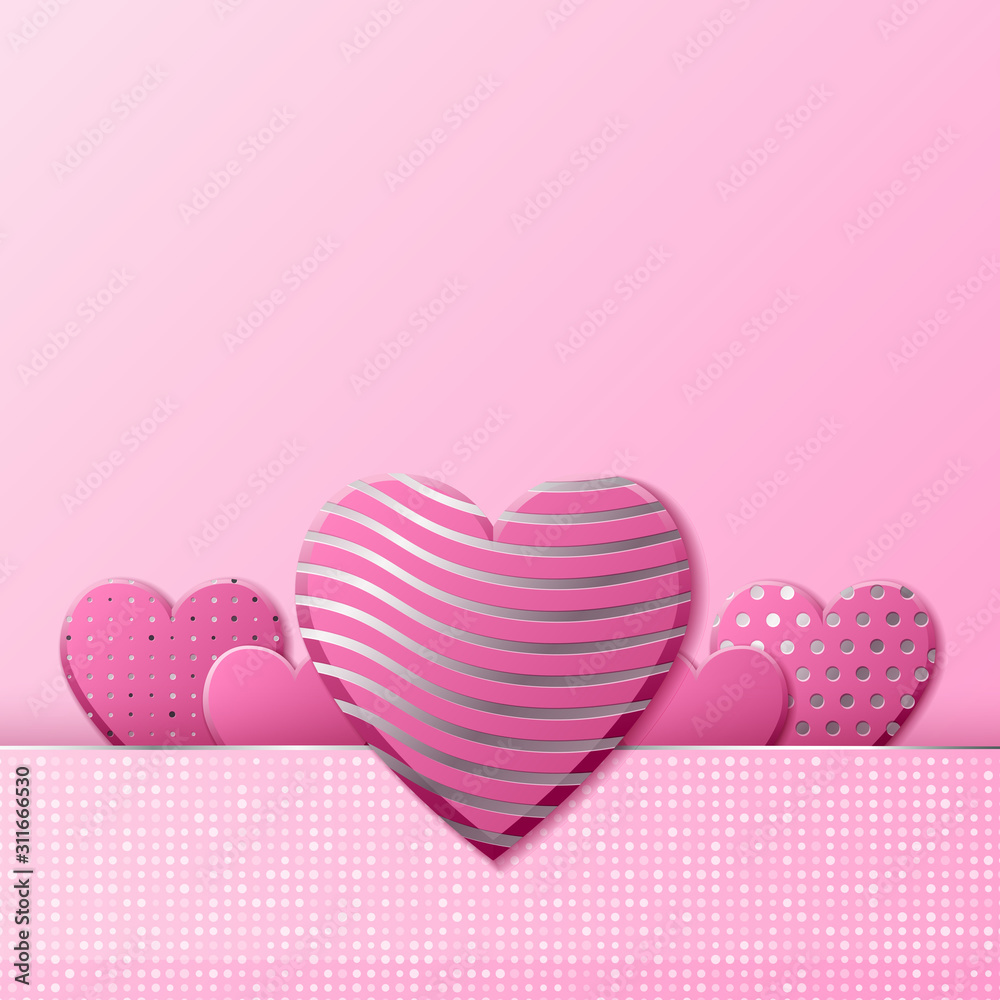 Valentines Day background with pink hearts and silver pattern. Silver luxury cover on roseate background. Pink holidays poster, card, add, header, website, article for valentines day.