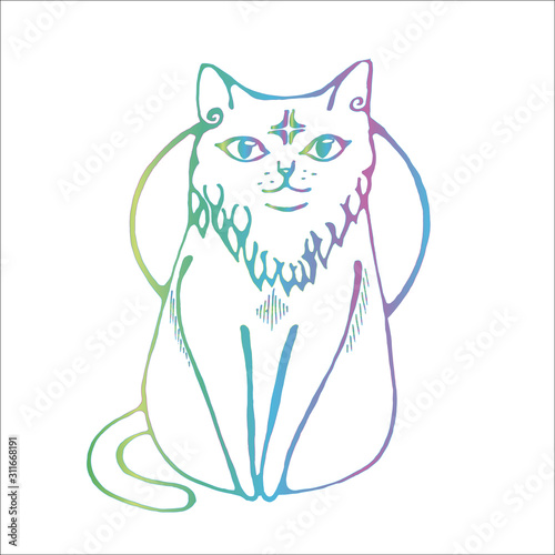 Illustration of a cat that sits calmly with a star in the forehead and the moon on the background.