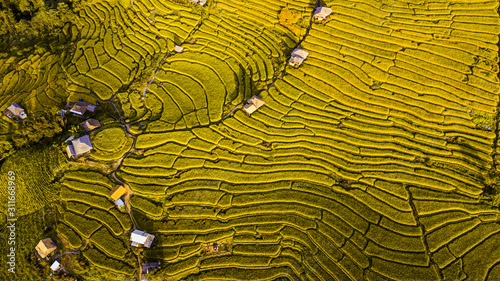 Rice terrace fields or Ladder rice field in aerial view at Pabongpeang , Maejam Village , Chaingmai Province of Thailand