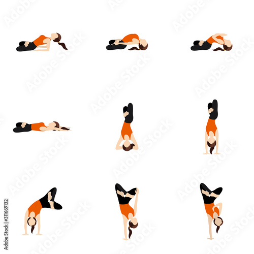 Yoga asanas advanced set with lotus twist and bend/ Illustration stylized woman practicing padmasana in matsyasana, handstand, headstand