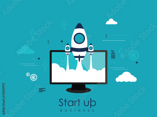 Flat rocket. Project start up. Space. Smart solutions. New product launch