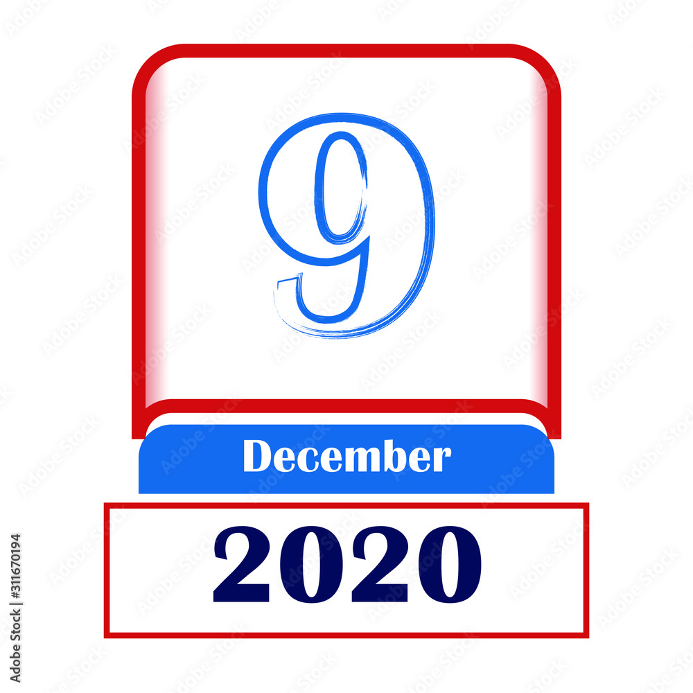 9 December 2020. Vector flat daily calendar. Date, month.
