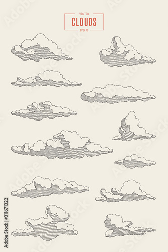 Set engraved style clouds drawn vector sketch