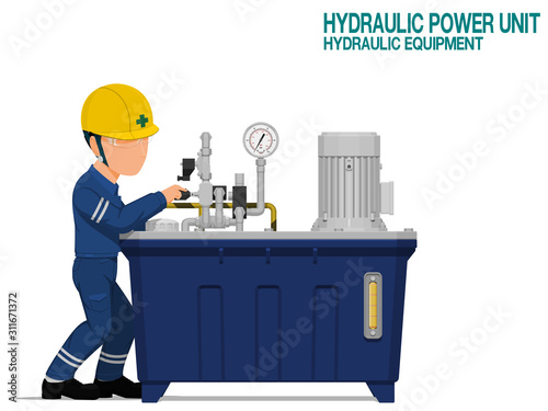A worker is operating flow control valve on the hydraulic power unit.