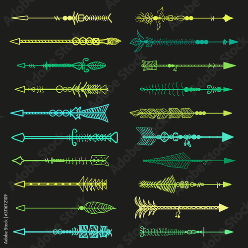 Hand drawn vintage arrow. Abstract retro elements. Set of different arrows