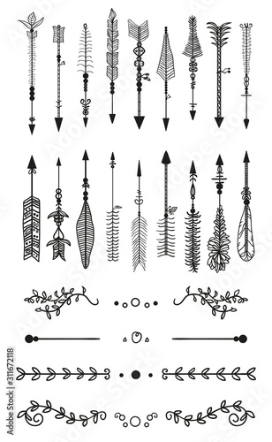 Black arrows and delimiterts on white. Hand drawn ornate elements for decor. Black and white illustration