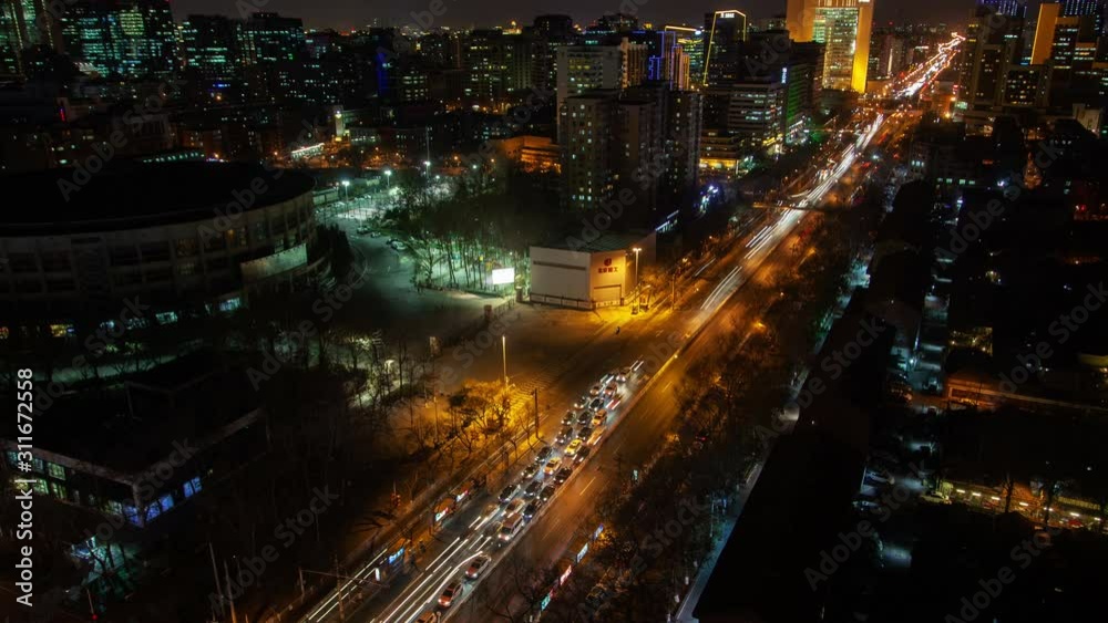 Chinese buildings surround wide Beijing highway timelapse zoom out Chinese buildings surround wide Beijing highway timelapse zoom out