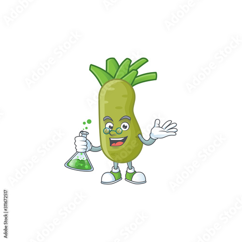 Smart wasabi cartoon character holding glass tube
