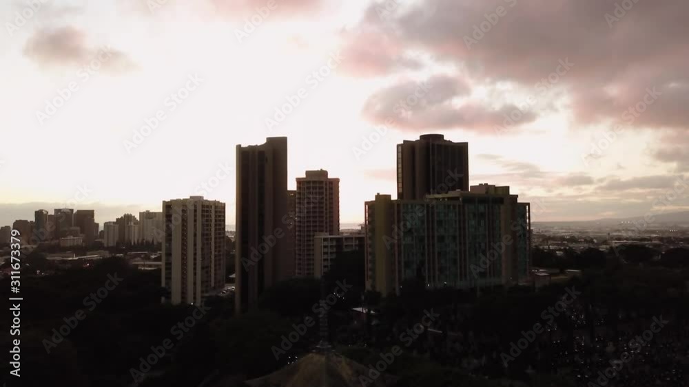 Golden Hour Aerial View of Skyscraper Buildings in Downtown Honolulu, Hawaii Golden Hour Aerial View of Skyscraper Buildings in Downtown Honolulu, Hawaii