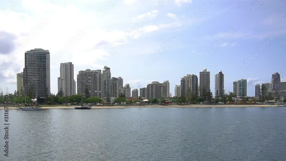 Sundale Bridge,Gold Coast, pan shot showing waterways and Main Beach Sundale Bridge,Gold Coast, pan shot showing waterways and Main Beach