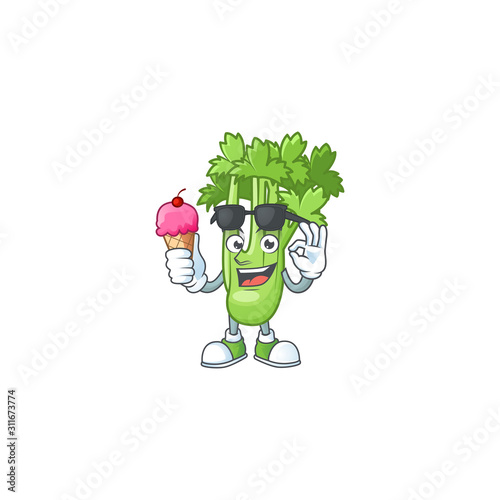 Cute celery plant cartoon character with ice cream