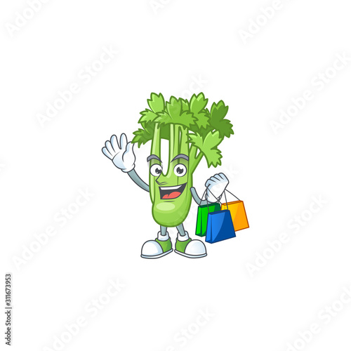 Cheerful celery plant mascot waving and holding Shopping bags