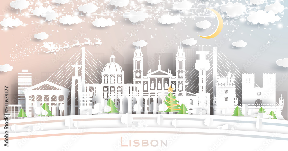 Lisbon Portugal City Skyline in Paper Cut Style with Snowflakes, Moon and Neon Garland. Vector Illustration. Christmas and New Year Concept. Santa Claus on Sleigh.