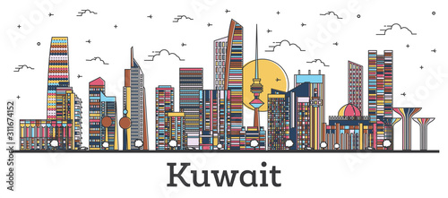 Outline Kuwait City Skyline with Color Buildings Isolated on White.