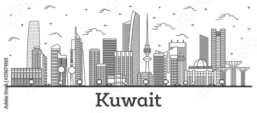 Outline Kuwait City Skyline with Modern Buildings Isolated on White.