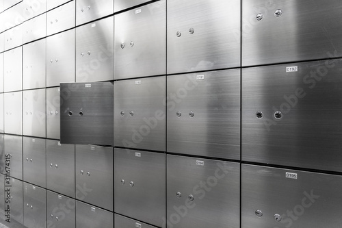 Metal safe box panel wall with open one. Concept for sucurity and banking protection.