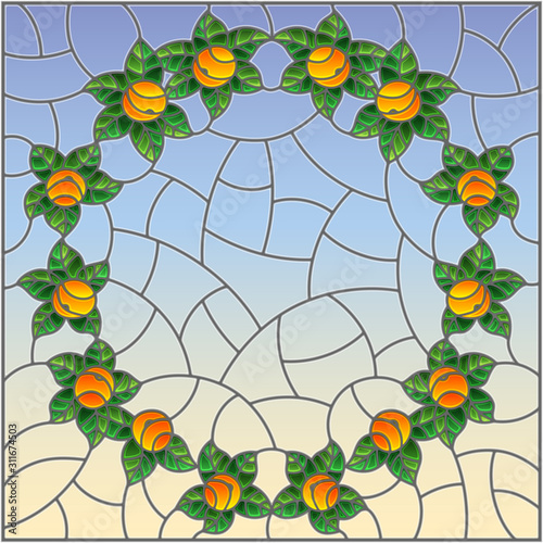 Illustration in stained glass style with oranges and leaves on a blue background
