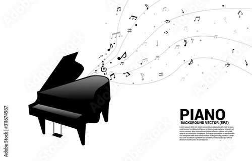 Vector grand piano with music melody note dancing flow. Concept background for song and concert theme.