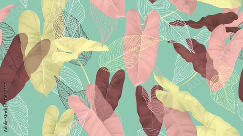 Foliage seamless pattern, colorful Philodendron burle marx plant and leaves l...